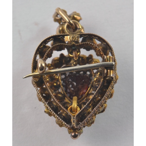 162 - Early Victorian 9ct heart shaped pendant/brooch. Red heart shaped stone surrounded by clear paste st... 