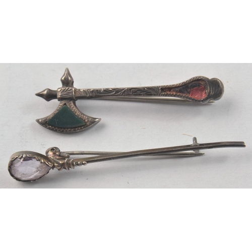 167 - Four pin brooches.  Pin brooch white metal with a pinkish coloured stone 6cm Length, an UNUSUAL Scot... 