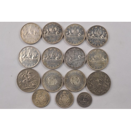 280 - 5 1960 Silver Canadian Dollar coins, 2 x 1962, 1966, 2 Canadian 50 cents coins 1962 and 1961, Five S... 