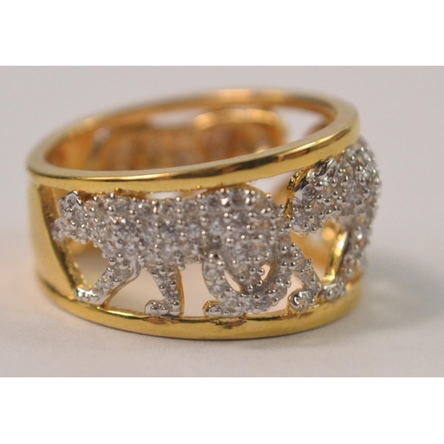 39 - Gilded 925 stamped ring, designed as 3 prowling cats all set with CZ stones Size P