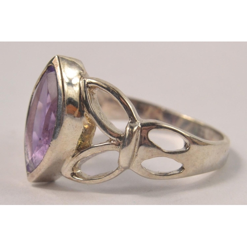 42 - 925 Silver stamped ring set with marquise shaped amethyst stone, Size P