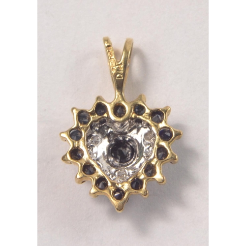 56 - 9ct Yellow gold heart shaped pendant, set with sapphires and diamonds L; 1cm approx [0.80grm]