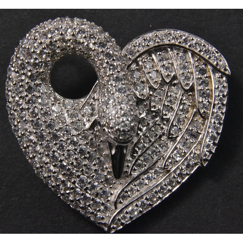 58 - 925 Silver stamped pendant in shape of heart as a swan set with CZ stones