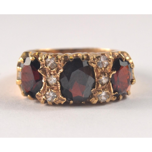 1 - Stamped 375 yellow gold triple ruby and six small diamonds(tested|)set ring 4.55g gross ring size N