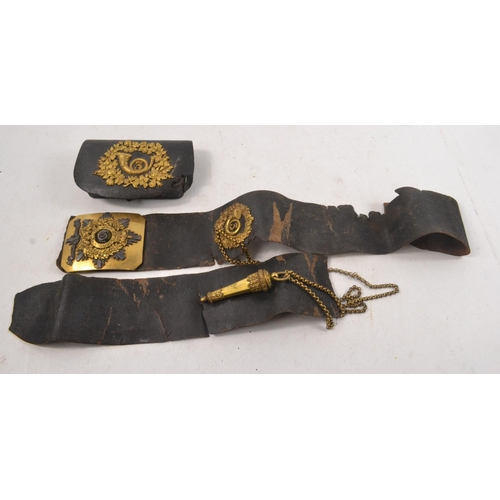 109 - Very old Military belt with 'Now or Never' motto and 3 in trumpet emblem, with matching musket ball ... 