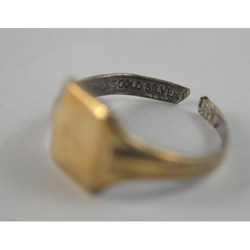 13 - 375 stamped yellow gold wedding band size m weight 1.08g, 9ct plated silver signet ring 2g, a 9ct st... 