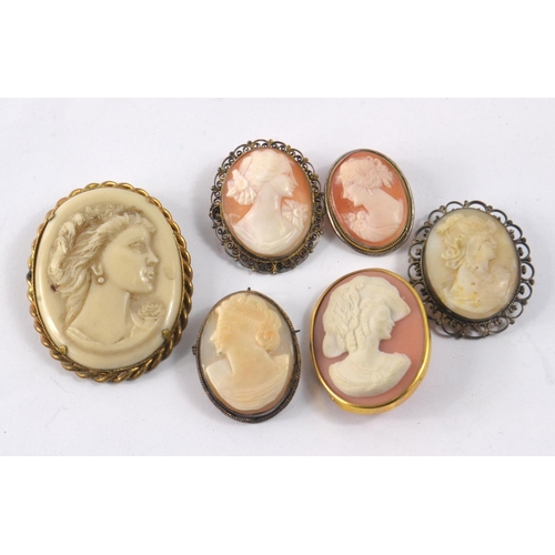 17 - Collection of six mainly vintage Cameo brooches varying sizes