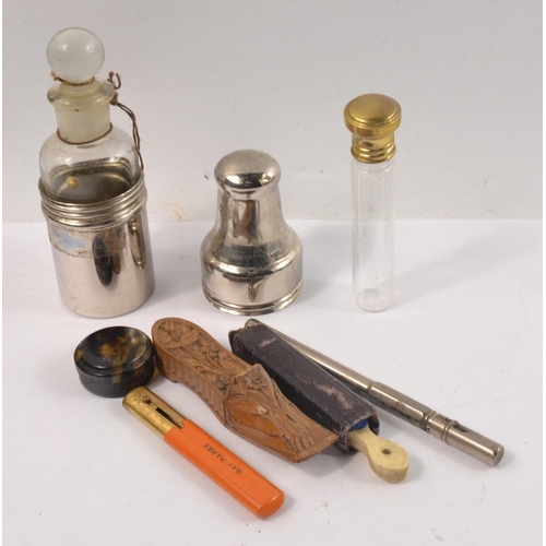 223 - Interesting collection to include Vintage scent bottle in chrome case, balmpot, needle holder, therm... 