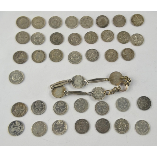 27 - Silver three pence's 15 quantity, 5 three pence's after 1919 and a three penny bracelet gross weight... 