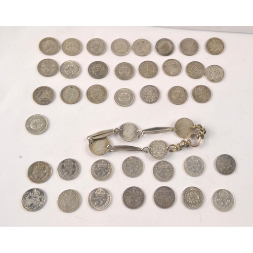 27 - Silver three pence's 15 quantity, 5 three pence's after 1919 and a three penny bracelet gross weight... 