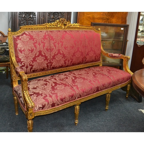 339 - FABULOUS three seater Georgian inspired gilt and red fabric couch with carved detailed gilt trim( Su... 