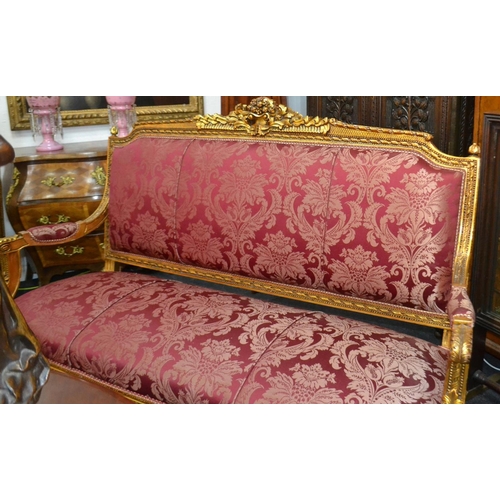 339 - FABULOUS three seater Georgian inspired gilt and red fabric couch with carved detailed gilt trim( Su... 