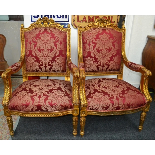 340 - Fabulous pair of Georgian Inspired  gilt and red fabric armchairs with carved  detailed gilt trim Su... 