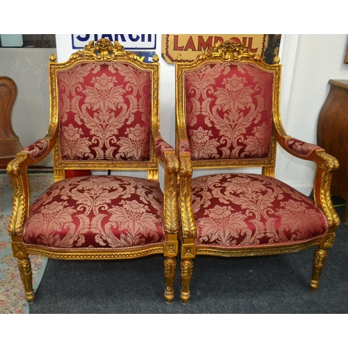 340A - Fabulous pair of Georgian Inspired  gilt and red fabric armchairs with carved  detailed gilt trim Su... 