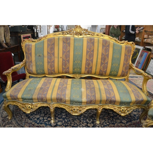 348 - EXQUISITE Georgian inspired three seater couch with stunning striped cloth and gilt carved wooden su... 