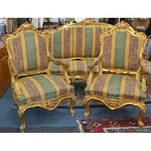 350 - Fabulous pair of Georgian Inspired  gilt and striped fabric armchairs with carved  detailed gilt tri... 