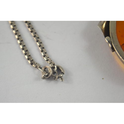 41 - A 925 stamped silver ART NOUVEAU inspired brooch on a 925 stamped silver chain with a large  amber s... 