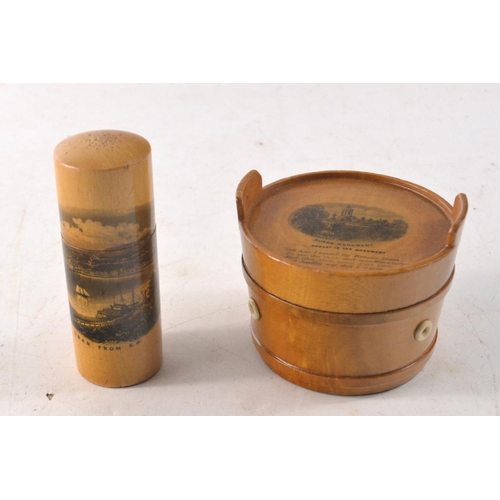 55 - Two pieces of Mauchline ware to incude unusual bucket shaped 'Burns monument' and 'Oban from S.W.' p... 