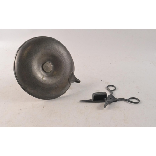 60 - Old pewter candle holder and a pair of candle snuffs
