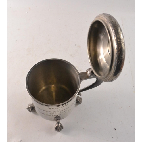 64 - BM Norwegian Pewter lidded tankard  Presented to Scottish Infantry Depot May 1973 , nice tankard on... 