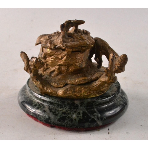 67 - Unusual inkwell with bronzed hunting dog on the prowl on a marble base. Liner not included