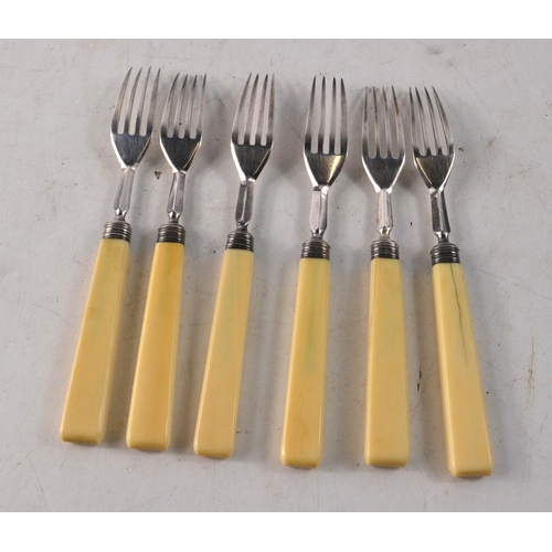 68 - Set of six Silver Sheffield Hallmarked 1865 pastry forks, two handles with slight cracks on the bone... 