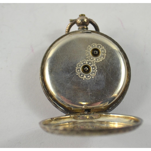 84 - 935 Swiss made pocket with gilt decoration and watch key Diameter 4cm gross weight