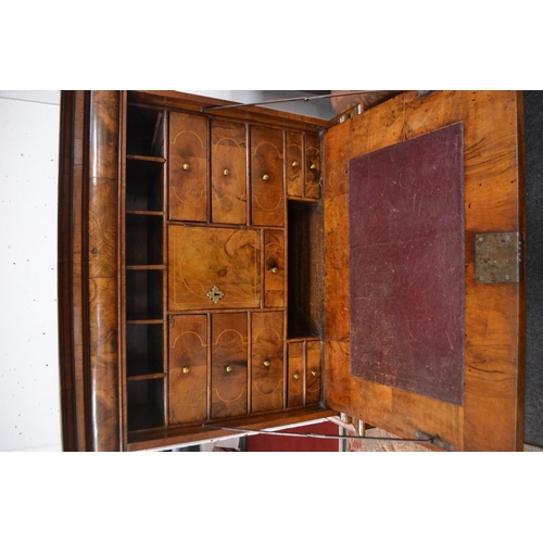 13 - Early 18th century escritoire made of very fine sections of quarter cut walnut veneer with cross ban... 