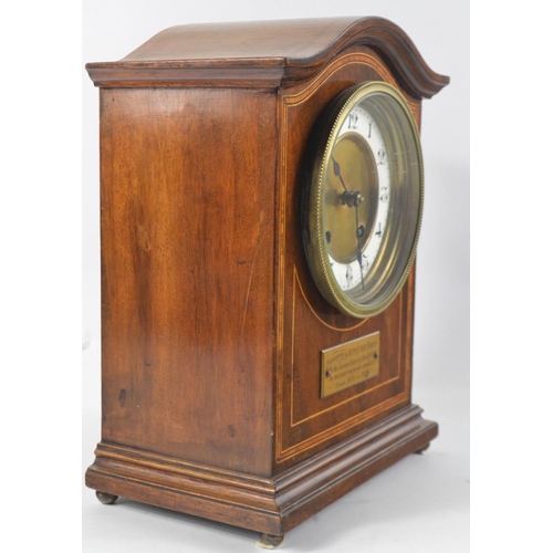 315 - Swiss made medium sized mantle clock c1920's in mahogany with boxwood in-lay, with small plaque 'Pre... 