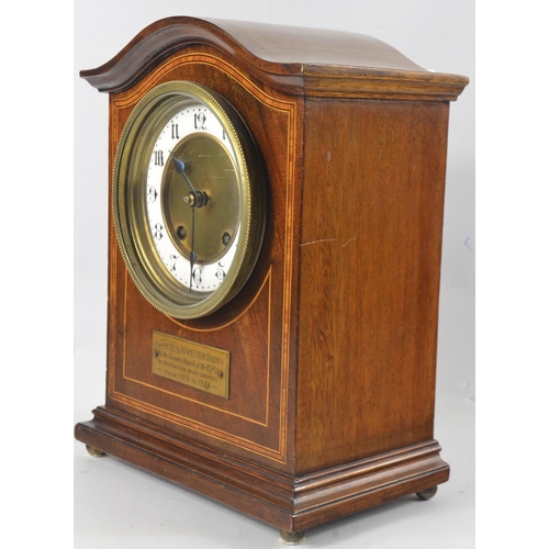 315 - Swiss made medium sized mantle clock c1920's in mahogany with boxwood in-lay, with small plaque 'Pre... 