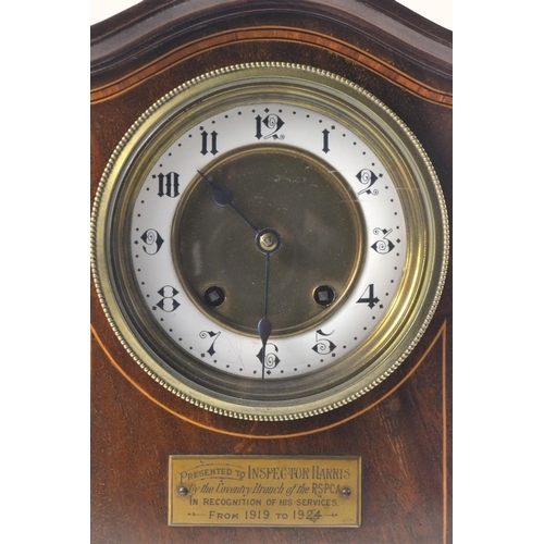 315 - Swiss made medium sized mantle clock c1920's in mahogany with boxwood in-lay, with small plaque 'Pre... 