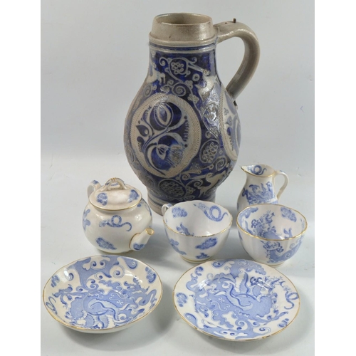 385 - Small Vintage ROYAL WORCESTER teapot and part teaset in blue and white with a large pottery jug