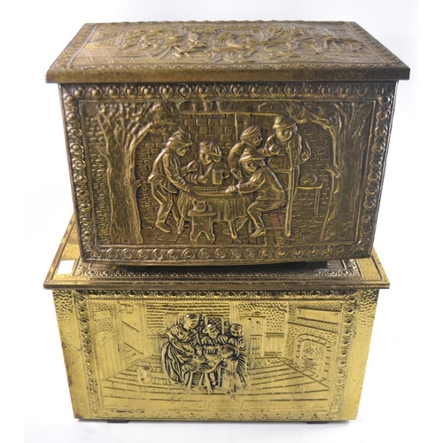 409 - Two vintage lidded brass log boxes