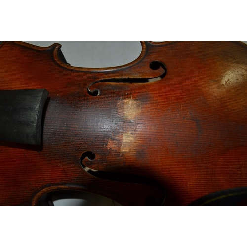 410 - Violin with Stradivarius? label, with bows and case in need of tlc