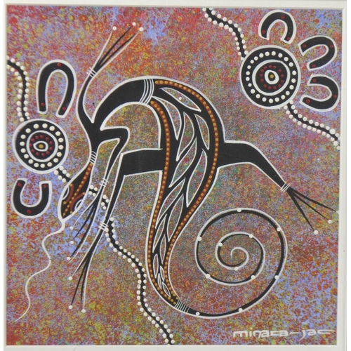 424 - ORIGINAL Australian ABORIGINAL ART framed by Minaca Jac 26cm x26cm the frame is 37cm x50cm ( The fra... 