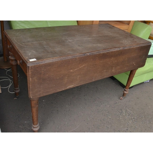 449 - Victorian long and narrow drop leaf table with drawer,  could be a gaming table ? On porcelaine cast... 