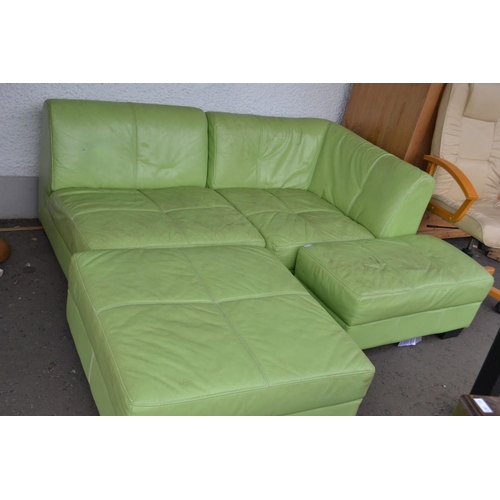 452 - Funky Lime  Green leather couch set with pouffe(starting bid £20)