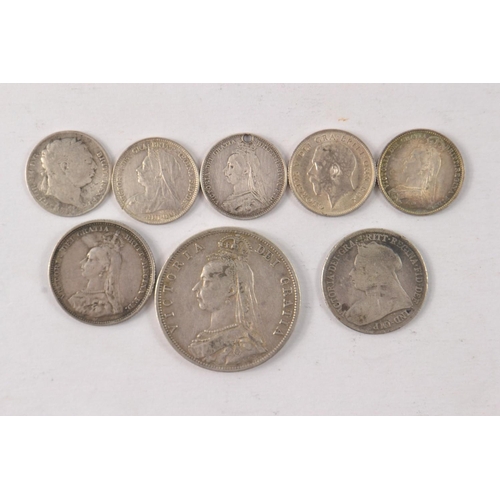 54 - Collection of silver coins to include two 1887 Jubilee silver sixpences and a 1898 sixpence, also a ... 