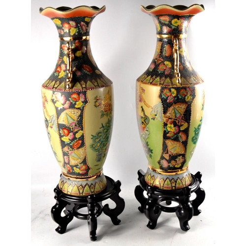 133 - A set of 2 JAPANESE vase stands and a pair of decorative ORIENTAL tall vases with peacocks included ... 