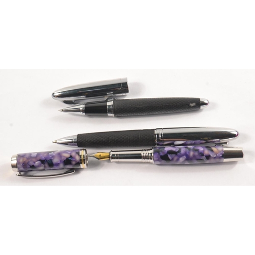 21 - Set of 2 PICOPEN ballpoint pen, refill and DAYACOM fountain pen with purple mother of pearl effect d... 