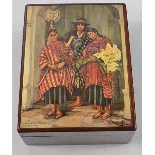 25 - Wooden trinket box with 'Cofrades de Solola' picture on front and quantity of costume jewellery to i... 