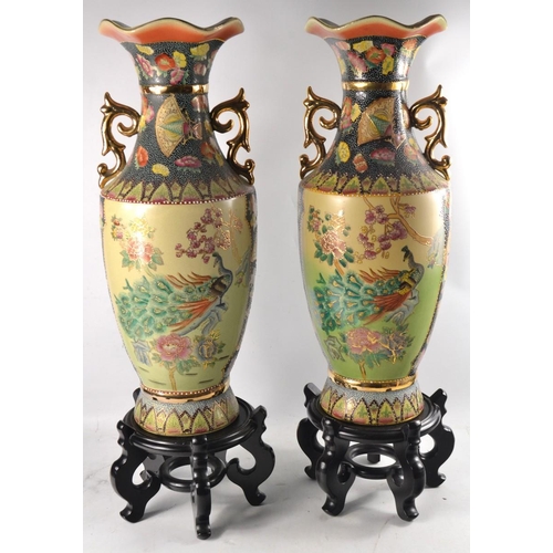 101 - A set of 2 JAPANESE vase stands and a pair of decorative ORIENTAL tall vases with peacocks included ... 