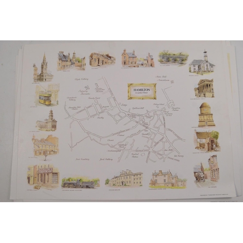 110 - Six large modern prints unframed card scenic landmark maps of EDINBURGH HAMILTON AND GLASGOW Publish... 