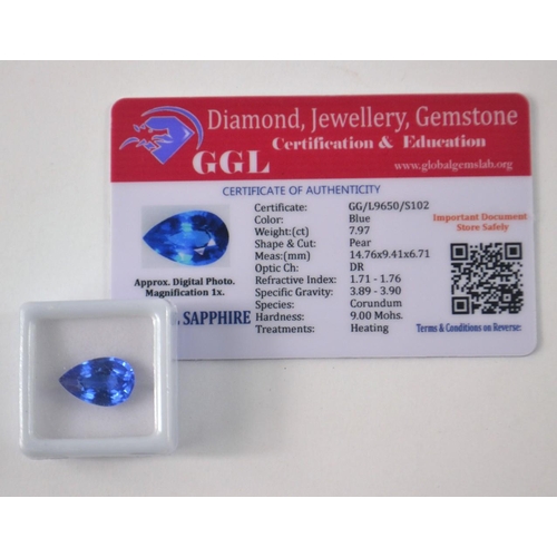 27 - Pear cut blue Sapphire 7.97ct. Has been heat treated