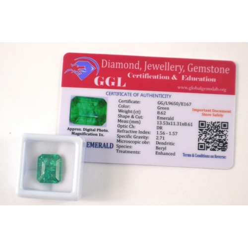 30 - Emerald cut green Emerald 8.62ct. Has been enhanced