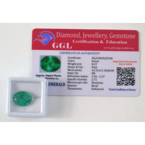 31 - Oval cut green Emerald 8.27ct. Has been enhanced