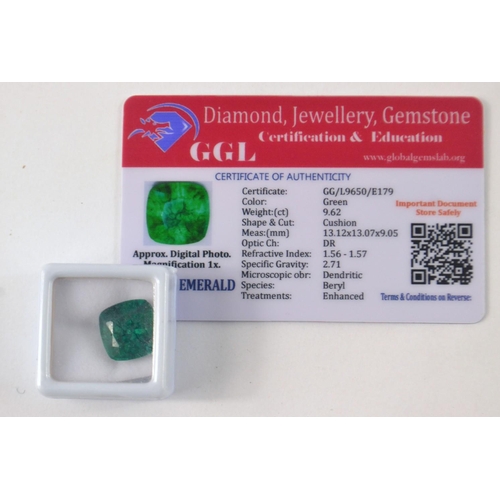 32 - Cushion cut green Emerald 9.62ct. Has been enhanced