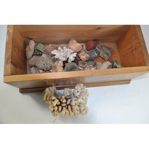 335 - An interesting quality pine box (53cm x25cm x 21cm         deep )filled  with geological rock sample... 