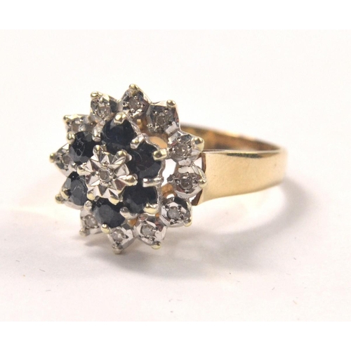 2 - Gold 9ct diamond and sapphire cluster ring