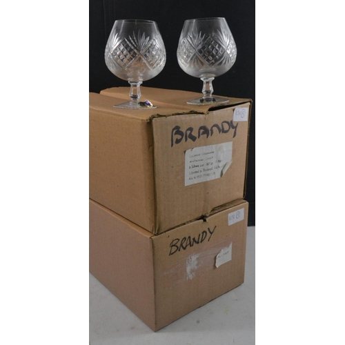 246 - 12 nice quality 24% lead crystal glass hand cut brandy glasses still boxed and UNUSED, 2 x boxes of ... 